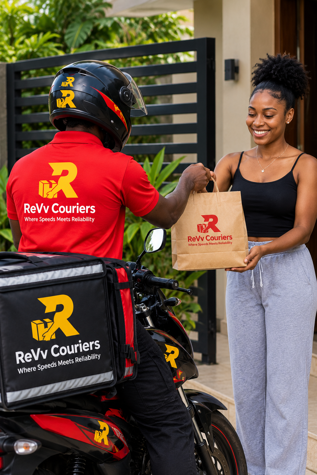 ReVv Couriers delivery motorcycle handing over a parcel