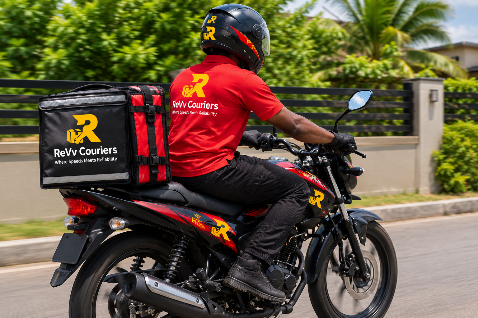 ReVv Couriers rider delivering a package in St. Thomas, Jamaica